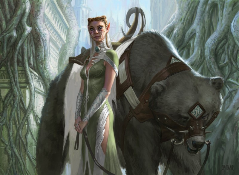 blonde_hair bridle brooch city cityscape clothing dress duo facial_markings female feral hair harness head_markings humanoid_pointy_ears markings not_furry_focus quadruped reins roots saddle size_difference eric_deschamps hasbro magic:_the_gathering wizards_of_the_coast bear elf humanoid mammal official_art