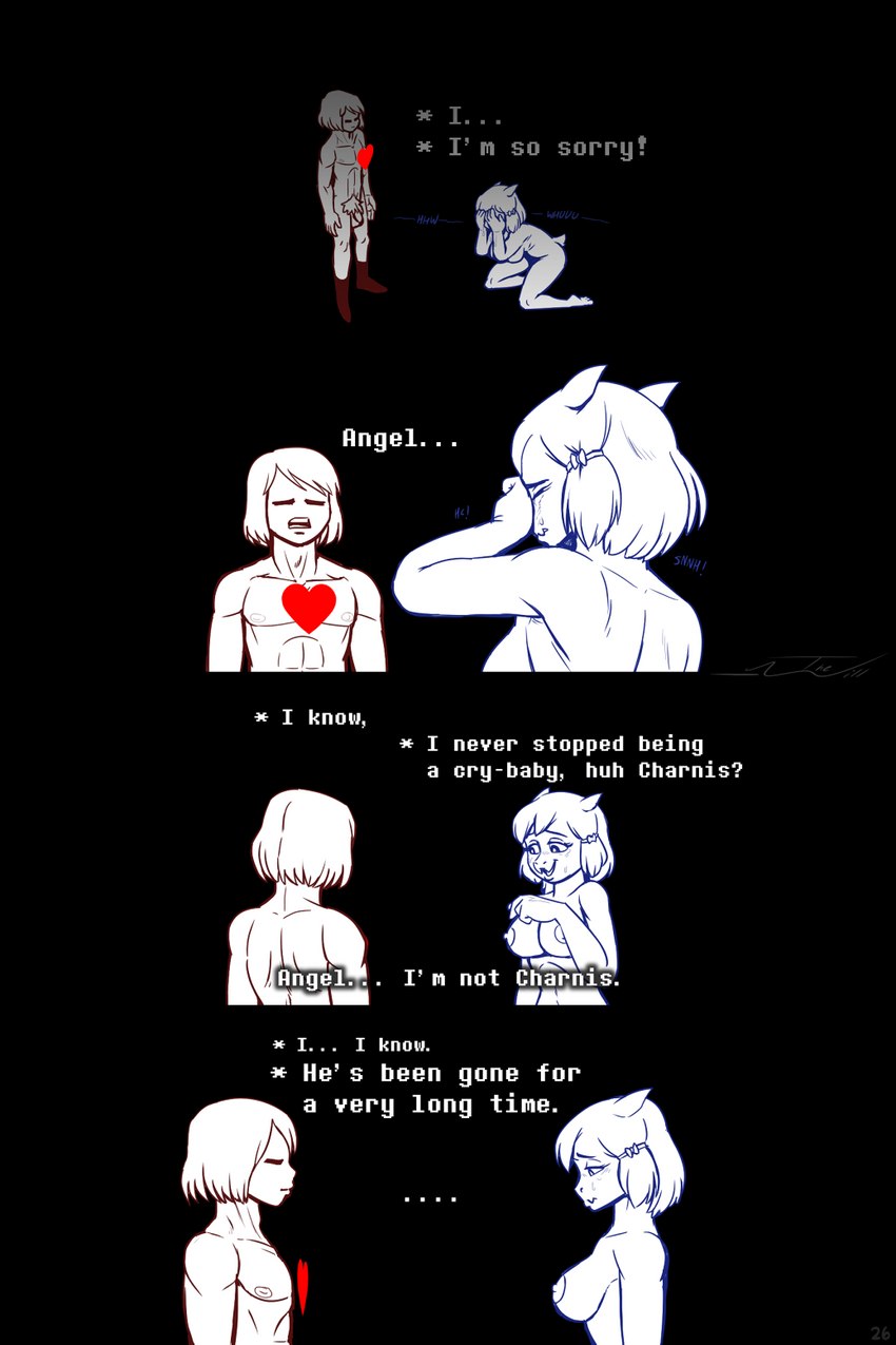 abs alternate_universe anthro black_background bodily_fluids bow_ribbon breasts clothing crossgender crying duo fading female flaccid footwear footwear_only genitals horn male mostly_nude muscular muscular_male nude penis pubes shoes shoes_only simple_background standing tears text thewill under(her)tail undertale undertale_(series) angel_derear asriel_dreemurr frisk_(undertale) frisky_(under(her)tail) boss_monster_(undertale) bovid caprine goat human mammal soul_(undertale) comic english_text hi_res