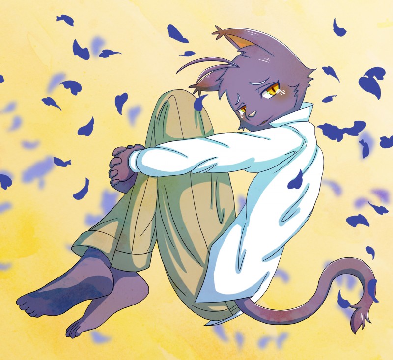 5_toes anthro barefoot blush bodily_fluids crying feet gentleman hugging_knees leaf looking_back male plantigrade simple_background soles solo tears toes yellow_background nako morenatsu shin_(morenatsu) domestic_cat felid feline felis mammal hi_res