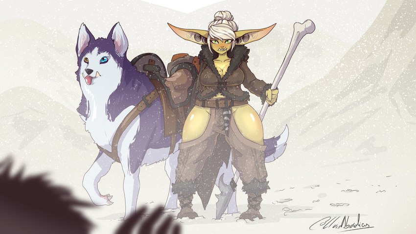 big_ears breasts cleavage clothed clothing duo female feral green_body hair hair_bun harness heterochromia huge_ears huge_thighs humanoid_pointy_ears melee_weapon mount pointy_ears polearm saddle short_stack spear thick_thighs thigh_window tongue tusks weapon wide_hips lluisabadias canid canine canis goblin humanoid mammal wolf 16:9 absurd_res hi_res widescreen