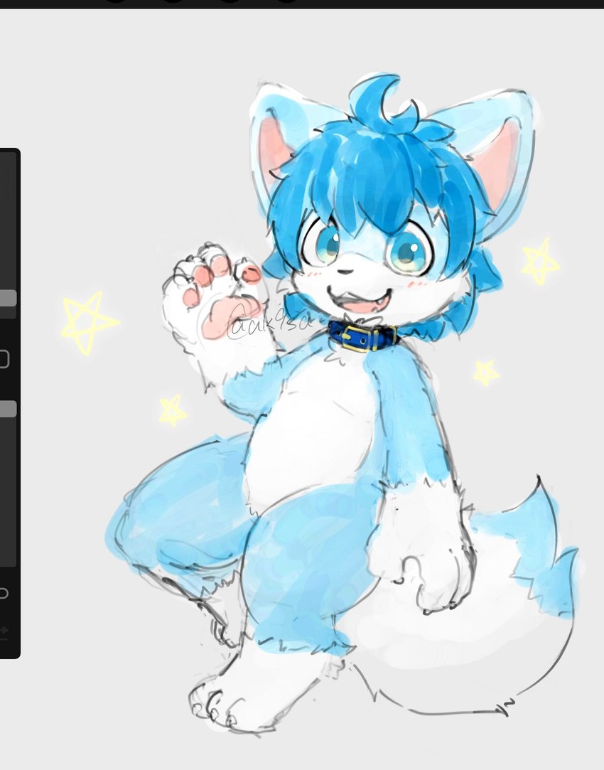 3_toes 4_fingers anthro blue_body blue_eyes blue_fur blue_hair blush cape clothing collar fangs feet fingers fur gesture hair kemono male open_mouth smile solo teeth toes unfinished_version waving ak9sa akakusa procreate_(copyright) mikey_(mikey_fox) canid canine fox mammal digital_media_(artwork) hi_res procreate_(artwork) unfinished