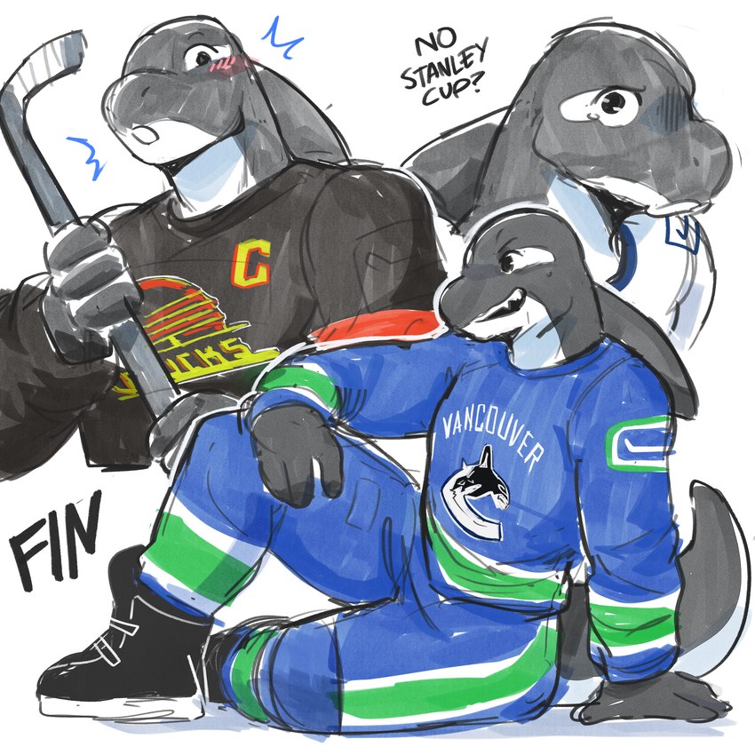 anthro blush clothed clothed_anthro clothed_male clothing gloves handwear hockey_jersey hockey_stick ice_skates male pleading_eyes sitting solo conditional_dnp sonokido nhl vancouver_canucks fin_(vancouver_canucks) cetacean dolphin mammal marine oceanic_dolphin orca toothed_whale whale 1:1 2024 absurd_res hi_res