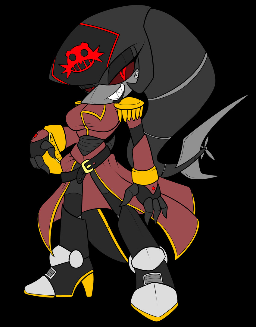 admiral anthro belt black_lips boots boss clothed clothing female footwear grey_body high_heeled_boots high_heels jacket lips machine melee_weapon military military_uniform shoes simple_background smile solo standing sword topwear uniform weapon chaoscroc eggman_empire sega sonic_the_hedgehog_(series) vittoria_derecho_(vladimirpootis) fish marine robot shark 2020 absurd_res alpha_channel hi_res