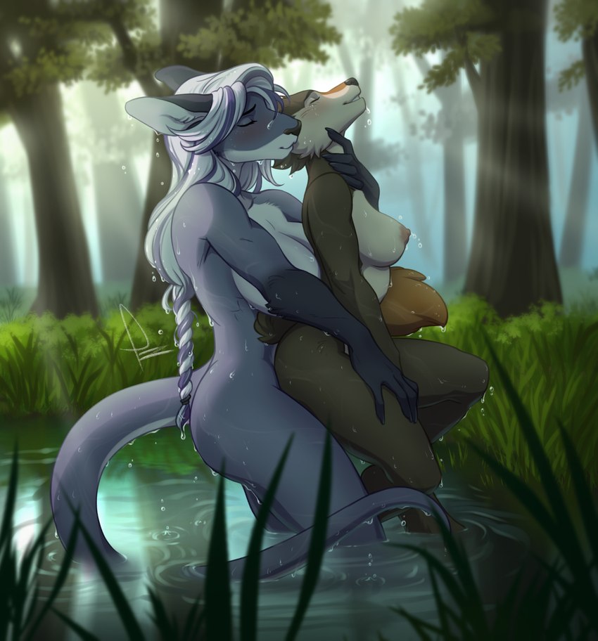 anthro big_breasts breasts duo female female/female forest forest_background fur glade grass hair hug huge_breasts hugging_another hugging_from_behind interspecies intimate nature nature_background nipples nude outdoor_nudity outside plant pond ponytail romantic size_difference tree water wet wet_body wet_fur zombieze legend_of_ahya kyra_(greyshores) murana_wolford_(darkflame-wolf) canid canine canis kangaroo macropod mammal marsupial wolf hi_res