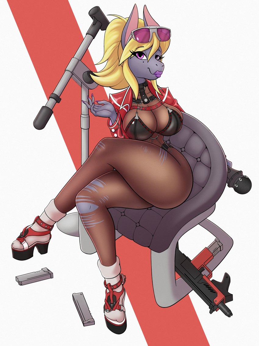 ammunition anthro bedroom_eyes blonde_hair bra breasts chair choker clothing coat cosplay crossed_legs electronics eyewear female footwear furniture glasses gun hair jewelry legwear lipstick makeup markings microphone mole_(marking) narrowed_eyes necklace ranged_weapon seductive smile socks solo stockings submachine_gun thick_thighs topwear torn_clothing torn_legwear torn_stockings underwear weapon raki_boi goddess_of_victory:_nikke sarah_steiner_(raki_boi) asinus donkey equid equine mammal 3:4 hi_res