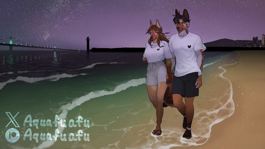 anthro beach blush bridge city city_background city_lights clothing couple_shirt duo female footwear glamorous male male/female married_couple muscular night purple_background romantic romantic_couple sandals sea seaside shirt shoes shoreline simple_background sky smile star starry_sky summer t-shirt topwear water wave wide_hips wide_shoulders wind aquafuafu kambo kyle_(calix7994) lenka_(janjin192) canid canine canis dobermann domestic_dog german_shepherd herding_dog hunting_dog hybrid jackal mammal pastoral_dog pinscher 16:9 4k absurd_res hi_res widescreen