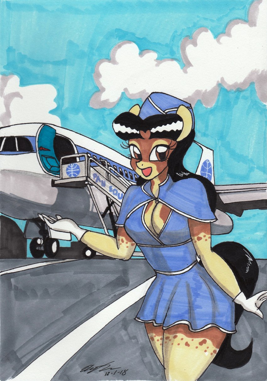 aircraft airplane anthro breasts cleavage clothed clothing cloud female flight_attendant sky solo vehicle newyorkx3 hasbro my_little_pony crystal_(newyorkx3) earth_pony equid equine horse mammal pony absurd_res hi_res