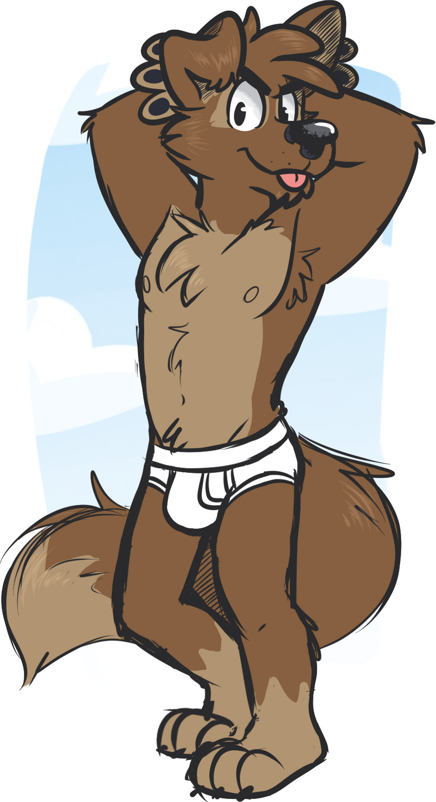 anthro barefoot black_nose black_pawpads briefs briefs_only brown_body brown_fur bulge claws clothed clothing crossed_hands feet fur hands_behind_head male navel nipples pawpads simple_background smile solo standing tighty_whities tongue tongue_out topless underwear underwear_only white_background white_briefs white_clothing white_underwear goronic matt_riskely canid canine canis domestic_dog mammal digital_media_(artwork) full-length_portrait hi_res portrait