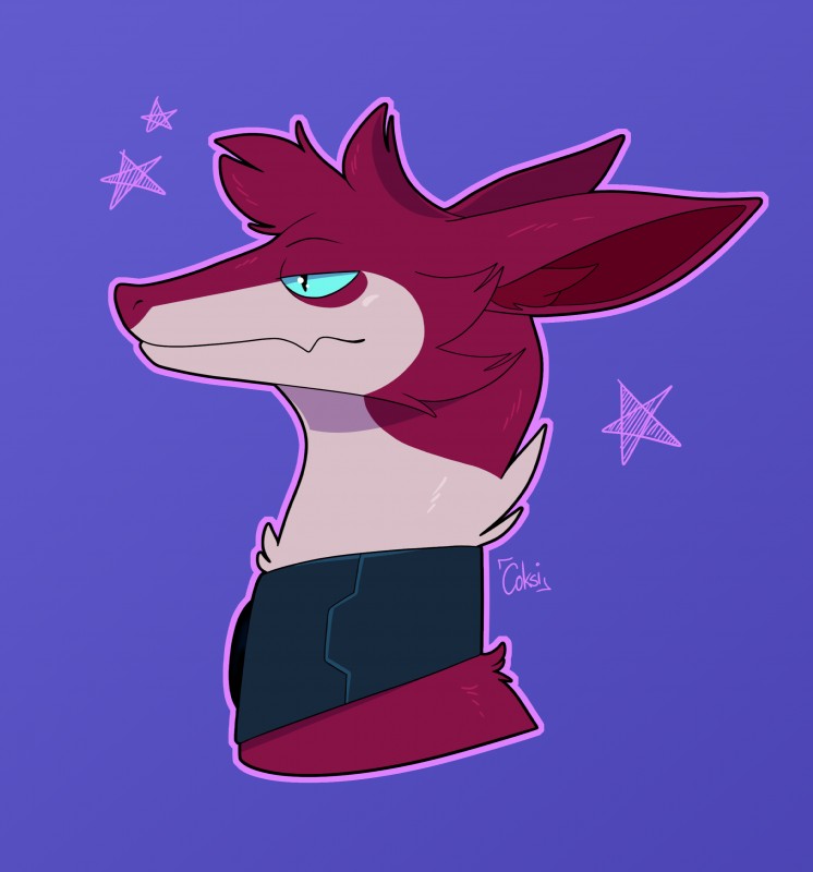 blue_eyes collar fur half-closed_eyes narrowed_eyes outline pink_outline pupils purple_background red_body red_fur side_view simple_background slit_pupils solo coksi zephyr_(blitzdrachin) praimortis absurd_res bust_portrait digital_media_(artwork) hi_res portrait signature