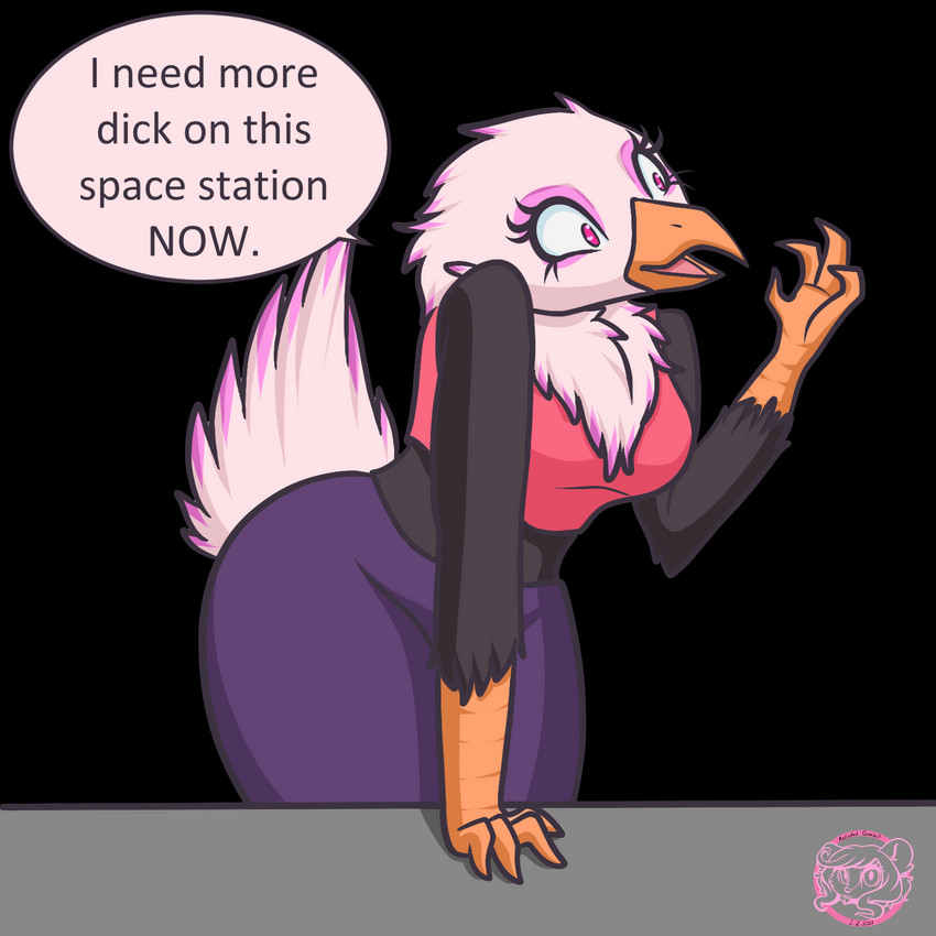 anthro breasts clothed clothing dialogue feet female looking_at_another non-mammal_breasts pink_eyes solo talons text toes yandere medicatedcannibal grace_highfeathers accipitrid accipitriform avian bird eagle 1:1 alpha_channel english_text hi_res