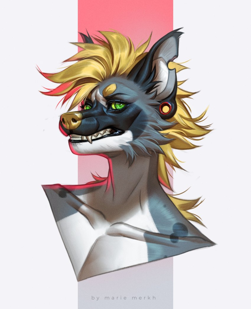 ambiguous_gender anthro blonde_hair cheek_tuft ear_piercing facial_tuft fangs front_view fur gauged_ear green_eyes green_sclera grey_body grey_fur grin hair messy_hair notched_ear piercing simple_background smile solo teeth tuft white_body white_fur marie_merkh canid mammal absurd_res artist_name bust_portrait hi_res portrait