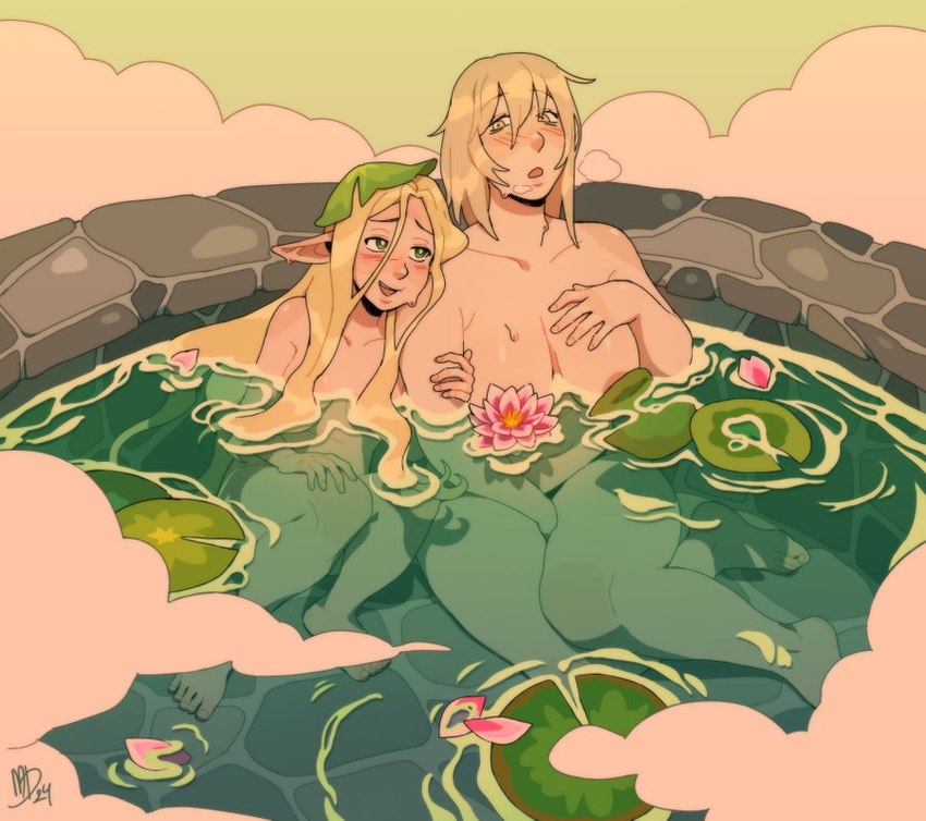 areola bathing bathing_together belly big_breasts blonde_hair blush bodily_fluids breasts breath cloud cobblestone duo female female/female hair humanoid_pointy_ears lily_pad long_hair not_furry nude plant pointy_ears pond sitting slightly_chubby slightly_chubby_human sweat sweatdrop tan_hair water mildough delicious_in_dungeon falin_touden marcille_donato elf human humanoid mammal 2024 digital_drawing_(artwork) digital_media_(artwork)