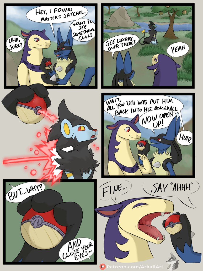 ambiguous_gender anthro dialogue duo feral imminent_vore object_vore patreon_logo penetration pokeball pokeball_insertion pokeball_vore speech_bubble text unaware_prey vore arkailart nintendo patreon pokemon pokemon_legends_arceus generation_4_pokemon generation_8_pokemon hisuian_form hisuian_typhlosion lucario luxray pokemon_(species) regional_form_(pokemon) 3:4 colored comic digital_drawing_(artwork) digital_media_(artwork) english_text hi_res shaded url