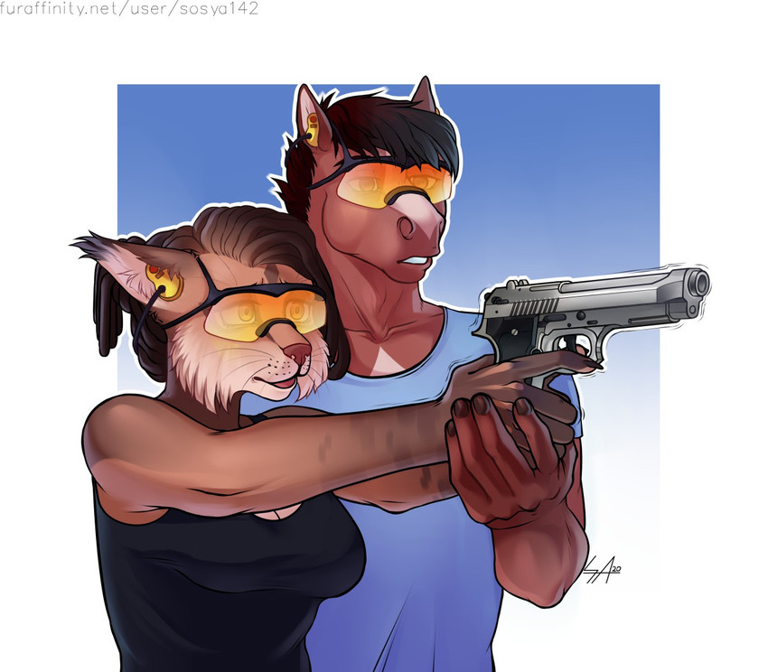 5_fingers aiming aiming_weapon anthro big_breasts black_clothing black_shirt black_topwear breasts brown_body brown_fur brown_hair cheek_tuft clothed clothing dark_body dark_fur dark_shirt desert_eagle dreadlocks duo ear_tuft earmuffs eyebrows eyewear facial_tuft female fingers fur glasses goggles gradient_background gun hair handgun holding_object holding_weapon light_body light_fur light_shirt looking_forward male multicolored_body multicolored_fur nervous pistol ranged_weapon safety_glasses shaking shirt simple_background standing t-shirt tank_top topwear trembling tuft two_tone_body two_tone_fur weapon wearing_goggles white_body white_fur sosya142 beretta citra_(sosya142) kenneth_(sosya142) draft_horse equid equine felid feline horse lynx mammal 2020 digital_media_(artwork) signature