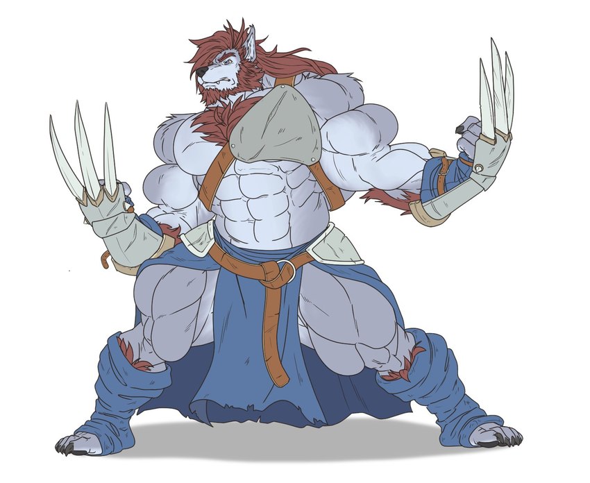 abs anthro armor big_muscles blue_clothing blue_eyes bottomwear brown_hair chest_fur chest_tuft claw_(weapon) clawed_gauntlets claws clothed clothing eyebrows facial_hair finger_claws fur gauntlets gloves grey_body grey_fur hair handwear huge_muscles hyper hyper_muscles leg_wraps legwear loincloth long_hair male melee_weapon muscular muscular_anthro muscular_arms muscular_male partially_clothed pose simple_background solo toe_claws tuft vambrace weapon white_background wide_stance wraps icewolf canid canine canis mammal wolf hi_res