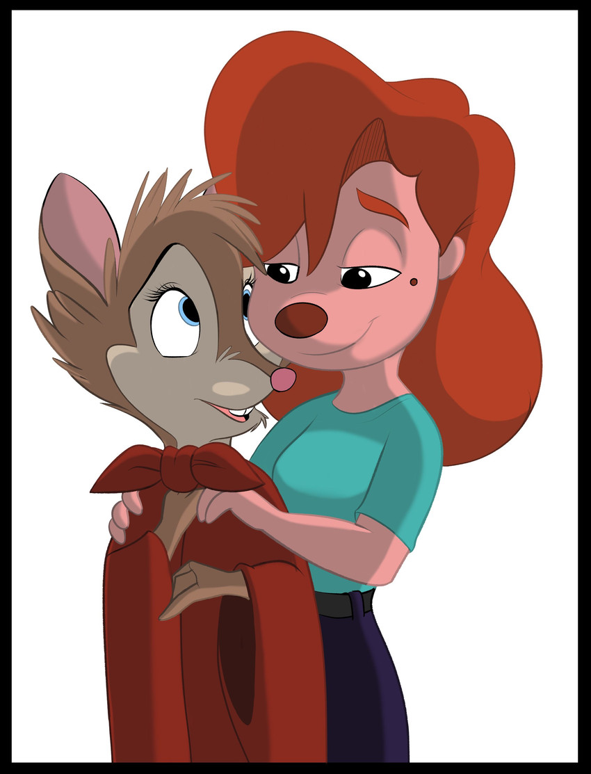 age_difference anthro black_border blue_eyes border bottomwear cape clothing duo eye_contact female female/female hair hand_on_shoulders long_hair looking_at_another markings mole_(marking) pink_nose red_hair simple_background smile topwear dsketch3r_(artist) disney don_bluth goof_troop the_secret_of_nimh mrs._brisby roxanne_rover canid canine canis domestic_dog mammal mouse murid murine rodent wood_mouse absurd_res hi_res