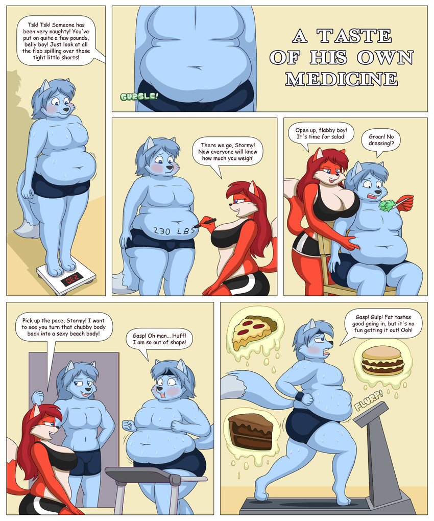 anthro belly belly_folds belly_overhang belly_rolls big_belly blush bodily_fluids bottomwear bulge burger cake clothing dessert dialogue duo exercise fat_rolls female food love_handles male male/female male_focus moobs muffin_top navel overweight overweight_anthro overweight_male pizza salad sweat text thick_thighs tight_bottomwear tight_clothing treadmill lordstormcaller valerie_(lordstormcaller) canid canine canis fox mammal wolf 5:6 absurd_res english_text hi_res