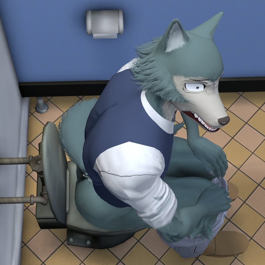 anthro bathroom implied_pooping implied_scat male public_restroom restroom_stall sitting_on_toilet solo toilet toilet_use joemike beastars legoshi_(beastars) canid canine canis mammal wolf 1:1