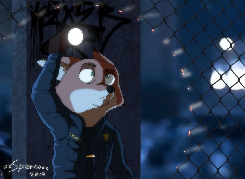 anthro burn_marks chain-link_fence clothed clothing fence flashlight graffiti green_eyes hot_metal male necktie police police_badge police_uniform solo uniform xxsparcoxx disney zootopia nick_wilde canid canine fox mammal red_fox true_fox 2019 artist_name digital_media_(artwork)