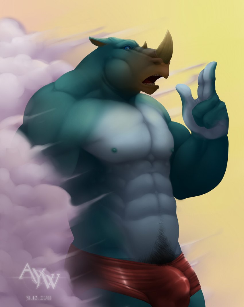 abs anthro balls_outline bottomwear bulge clothed clothing detailed_bulge facial_horn genital_outline horn male muscular muscular_anthro muscular_male nipples nose_horn pecs penis_outline pubes shorts solo topless ayndrew bruno_rhynox mammal rhinoceros 2011 hi_res