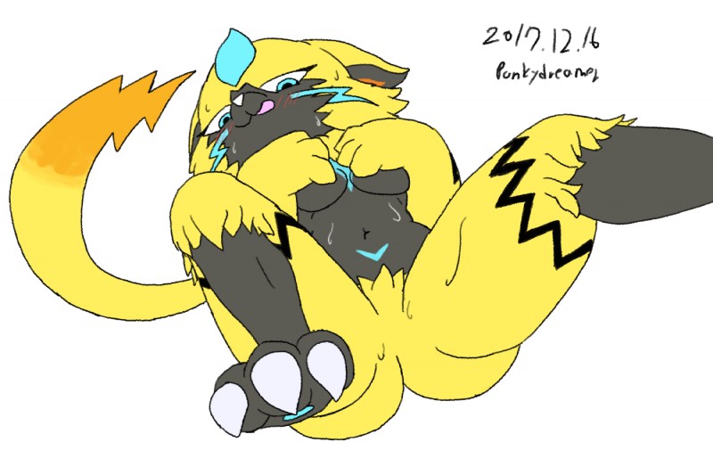 anthro blush breasts claws featureless_crotch female lying navel on_back simple_background solo spread_legs spreading toe_claws tongue white_background punkydreamer nintendo pokemon felid generation_7_pokemon legendary_pokemon mammal pokemon_(species) zeraora 2017 3:2 hi_res