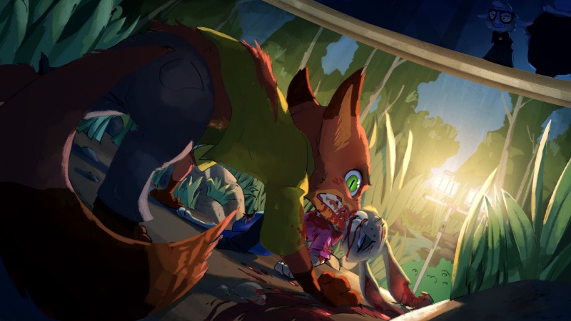 3_toes anthro bad_ending barefoot being_watched blood bodily_fluids clothed clothing death eyewear feet female feral glasses good_guy_loses gore group looking_at_another male paws toes wounded ruffu disney zootopia dawn_bellwether judy_hopps nick_wilde bovid canid canine caprine domestic_sheep fox lagomorph leporid mammal rabbit red_fox sheep true_fox 16:9 hi_res widescreen