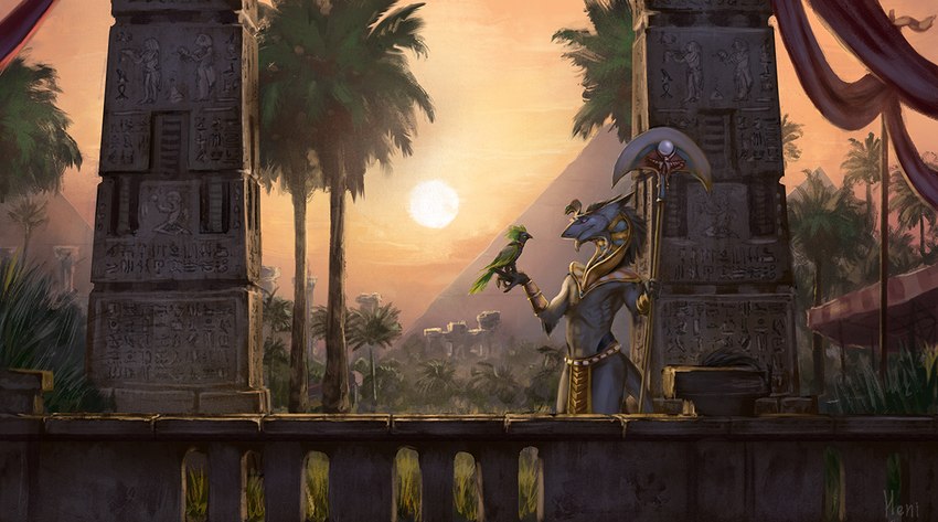 amazing_background anthro bottomwear clothing detailed_background egyptian egyptian_architecture egyptian_clothing egyptian_headdress hieroglyphics loincloth male outside palm_tree plant pyramid scenery_porn solo tree heni avian bird sergal detailed