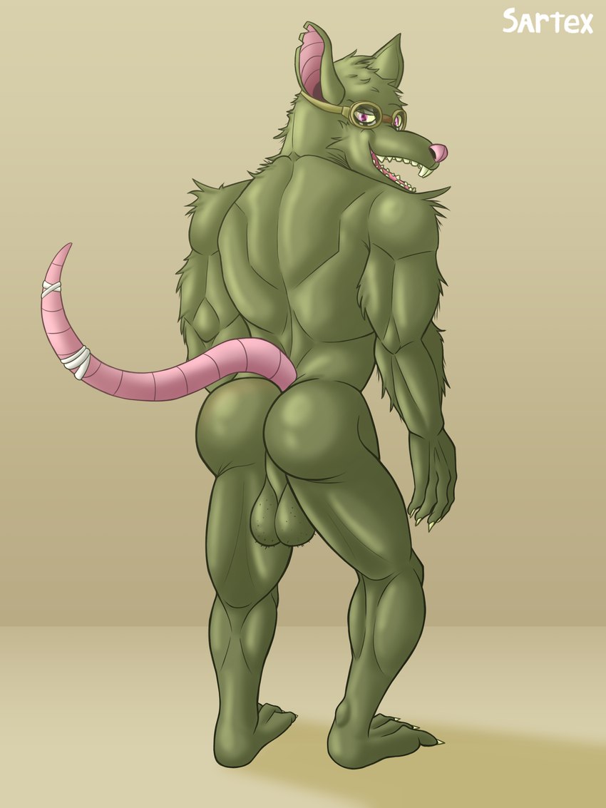 anthro back_muscles backsack balls bandage big_balls big_ears bubble_butt butt claws eyewear feet fur genitals green_body green_fur huge_balls looking_at_viewer looking_back male muscular muscular_anthro muscular_arms muscular_legs muscular_male nails nude nude_anthro nude_male open_mouth open_smile pink_eyes pink_nose rat_tail saggy_balls simple_background smile solo tail teeth sartex league_of_legends riot_games tencent twitch_(lol) animal_humanoid humanoid mammal mammal_humanoid murid murine rat rodent rodent_humanoid 2024 3:4 absurd_res digital_drawing_(artwork) digital_media_(artwork) hi_res signature