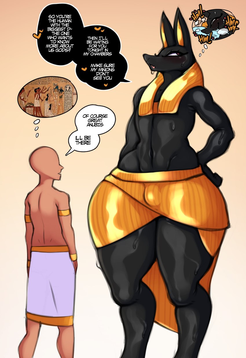 anthro biped black_body black_fur bodily_fluids bulge clothed clothing dialogue duo eyelashes fur huge_hips larger_anthro larger_male male male_anthro male_human navel pupils simple_background size_difference smaller_human smaller_male speech_bubble sweat text thick_thighs unsigned wide_hips saltyxodium egyptian_mythology middle_eastern_mythology mythology anubis canid canine deity human mammal 2023 absurd_res english_text hi_res