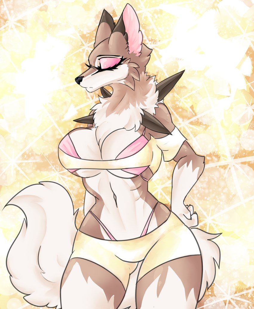 anthro bottomwear bra breasts cheek_tuft claws clothed clothing eyes_closed eyeshadow facial_tuft female fluffy fluffy_chest fluffy_ears fluffy_tail hand_on_breast hand_on_hip makeup navel neck_tuft pose shorts skimpy solo sparkles sparkling_background spikes spikes_(anatomy) tail thick_thighs thong_straps topwear tuft tufted_fur underwear cassielink nintendo pokemon canid canine generation_7_pokemon lycanroc mammal midday_lycanroc pokemon_(species) absurd_res digital_media_(artwork) digital_painting_(artwork) hi_res pinup sketch