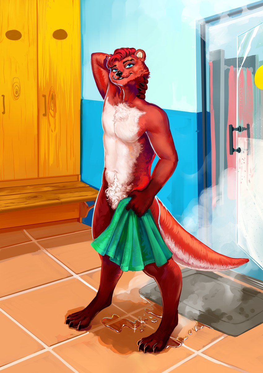 anthro covering covering_crotch covering_self fur hair looking_at_viewer male nude nude_anthro nude_male shower smile smiling_at_viewer solo standing steam tail towel towel_only water wet duckhere mammal mustelid musteline otter absurd_res digital_media_(artwork) hi_res