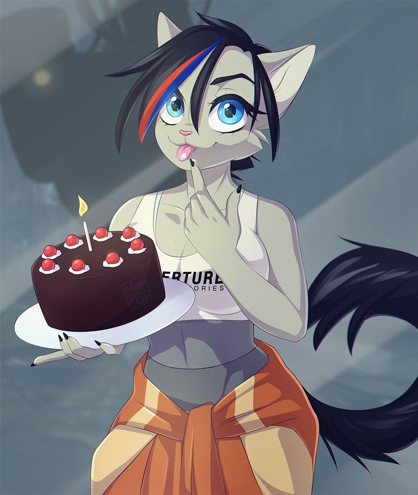 anthro big_breasts black_forest_cake black_hair blue_eyes blue_highlights breasts cake clothing cosplay costume dessert female food grey_body hair highlights_(coloring) looking_at_viewer pink_nose plate red_highlights shirt smile solo tank_top the_cake tongue tongue_out topwear dannyckoo portal_(series) valve chell chikachi domestic_cat felid feline felis mammal 2018