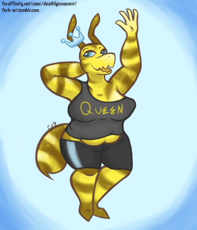 anthro belly breasts female non-mammal_breasts overweight overweight_anthro overweight_female simple_background solo deathlyinnocent queeni_(deathlyinnocent) arthropod bee hymenopteran insect hi_res