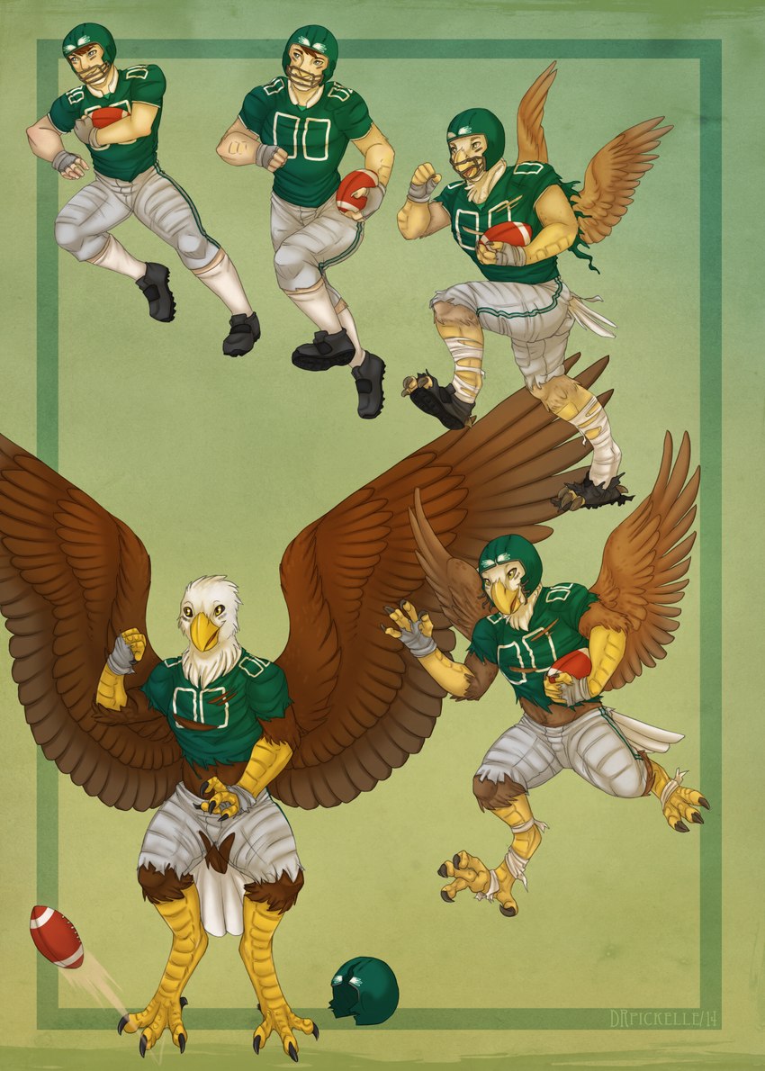 4_toes american_football anisodactyl avian_feet ball cleats clothing eye_black feet gridiron_ball holding_ball holding_object male running solo sport toes torn_clothing transformation uniform drpickelle nfl philadelphia_eagles pheagle swoop_(philadelphia_eagles) accipitrid accipitriform avian bald_eagle bird eagle human mammal sea_eagle 2014 hi_res