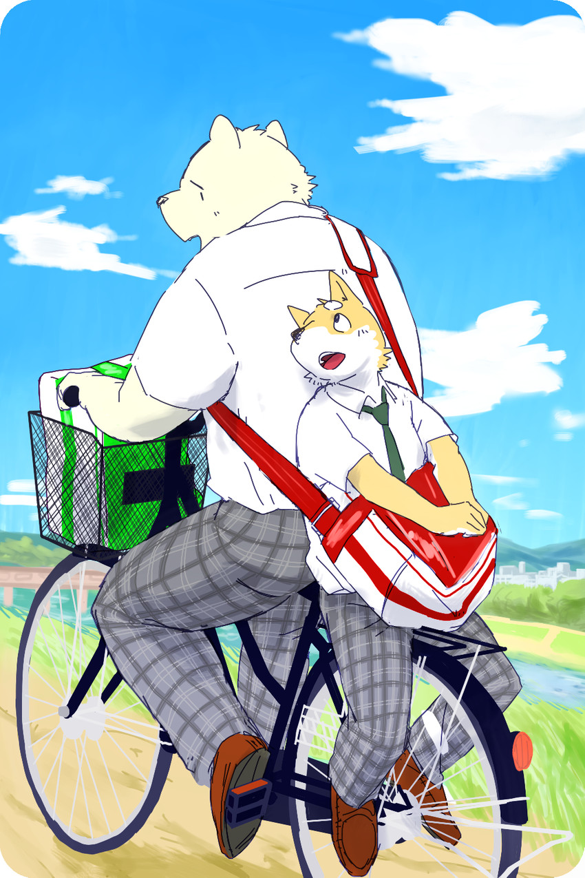 anthro backpack bicycle bottomwear clothing cycling detailed_background duo kemono male necktie outside pants shirt sitting topwear vehicle nico26b bear canid canine canis domestic_dog mammal polar_bear ursine 2015 2:3 hi_res