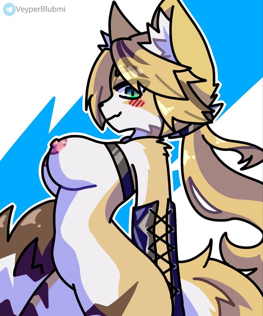 anthro belt blonde_hair blush blush_lines breasts female green_eyes hair lacing looking_at_viewer nipples nude pink_nipples simple_background solo stripes veyperblubmi mihoyo zenless_zone_zero pulchra_fellini felid feline mammal thiren digital_media_(artwork) hi_res