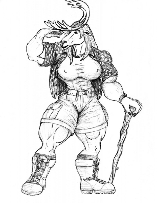 abs anthro biceps big_breasts big_muscles boots bottomwear breasts clock clothing female footwear hair long_hair muscular muscular_anthro muscular_female shirt shoes shorts simple_background solo tight_clothing topwear watch wristwatch sudonym deer mammal moose new_world_deer hi_res monochrome sketch