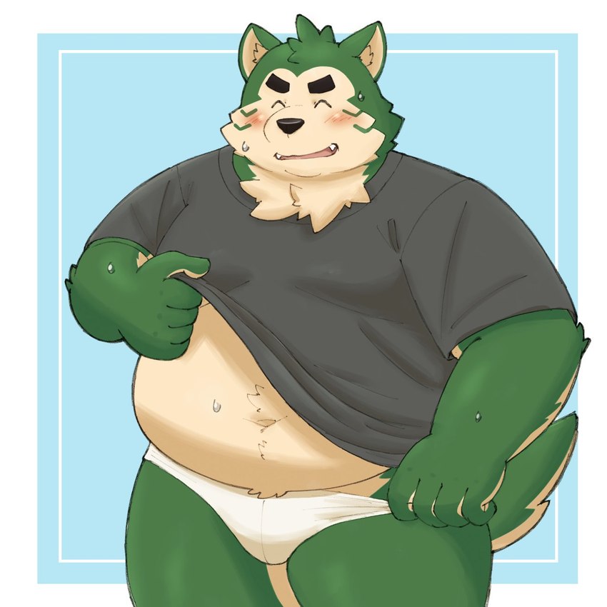 anthro belly big_belly blush bulge clothed clothing clothing_lift eyes_closed kemono male navel overweight overweight_male shirt shirt_lift simple_background solo topwear underwear yaki_atsuage lifewonders live_a_hero mokdai canid canine canis domestic_dog mammal 1:1 2024 hi_res