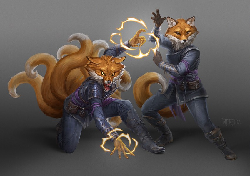 9_tails anthro bared_teeth clothed clothing female magic_user multi_tail ninja ninja_costume ninja_outfit ninja_suit role-playing_game solo tail teeth_showing warrior marzena_nereida_piwowar paizo pathfinder canid canine fox mammal official_art