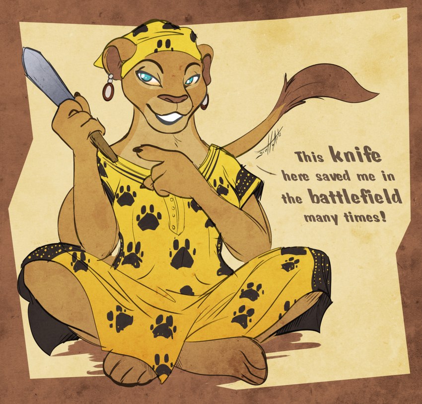 4_toes african african_clothing anthro anthrofied barefoot blue_eyes clothing crossed_legs crosslegged_pose dress feet female holding_object holding_weapon knife sitting solo text toes weapon scottyartz disney the_lion_king nala_(the_lion_king) felid lion mammal pantherine 2022 english_text hi_res