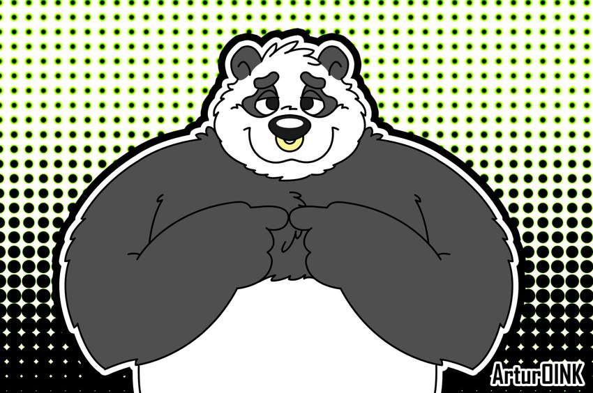 anthro black_body black_nose facial_piercing male nose_piercing nose_ring overweight overweight_male piercing ring_piercing septum_piercing septum_ring solo white_body artur_oink kanon bear giant_panda mammal 2022 absurd_res hi_res