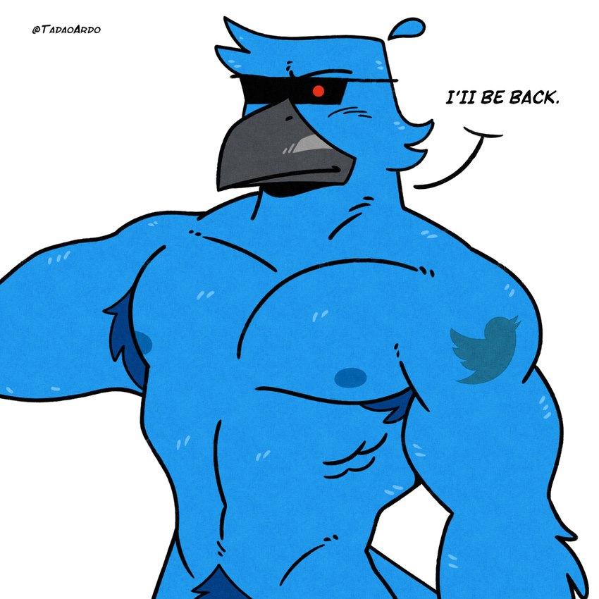 abs anthro armpit_hair beak biceps black_beak blue_body body_hair dialogue eyewear male muscular muscular_anthro muscular_male nipples pecs solo sunglasses tadaoardo terminator_(franchise) twitter tweetfur avian bird 1:1 absurd_res hi_res meme