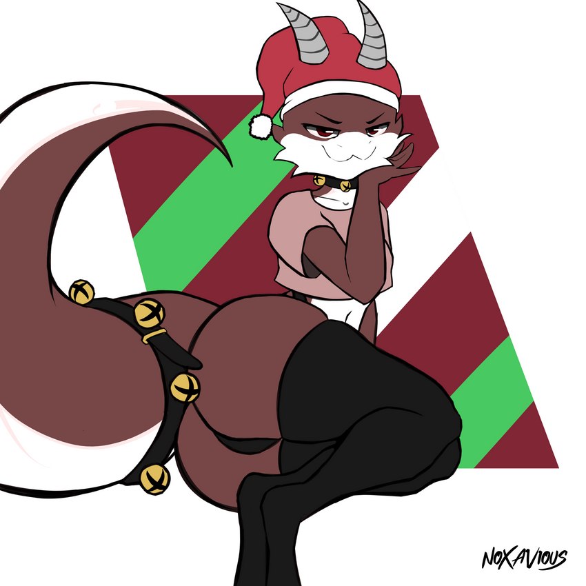 anthro bell big_butt big_tail butt clothing crop_top female hat headgear headwear holidays horn legwear shirt smug solo tail thick_thighs thigh_highs thong topwear underwear noxavious christmas rubi kobold scalie 1:1 absurd_res hi_res