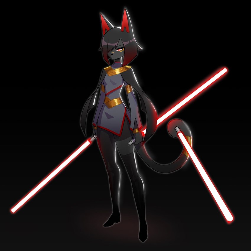 accessory anthro black_background black_body black_bottomwear black_cape black_clothing black_hair black_pants bottomwear bracelet cape clothed clothing female furgonomics gold_(metal) gold_bracelet gold_jewelry hair hair_over_eye jewelry lightsaber melee_weapon obstructed_eye pants prehensile_tail red_eyes red_lightsaber short_hair simple_background solo standing tail tail_accessory tail_bracelet tail_hold tail_holding_object tail_holding_weapon tail_jewelry weapon 00niine star_wars 1:1 hi_res