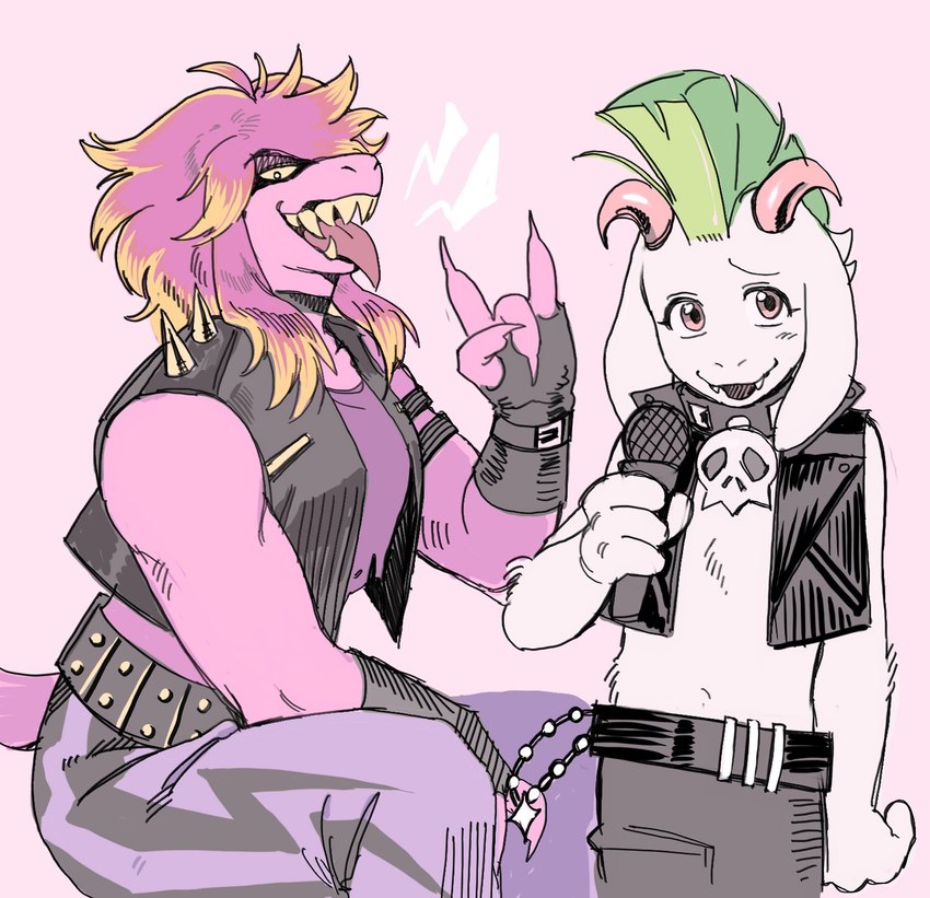 alternative_fashion anthro bashful belt clothing crop_top duo electronics embarrassed female fingerless_gloves fur gloves handwear horn male microphone midriff mohawk navel punk shirt topwear vest white_body white_fur ttudolee deltarune undertale_(series) ralsei susie_(deltarune) bovid caprine goat mammal scalie hi_res
