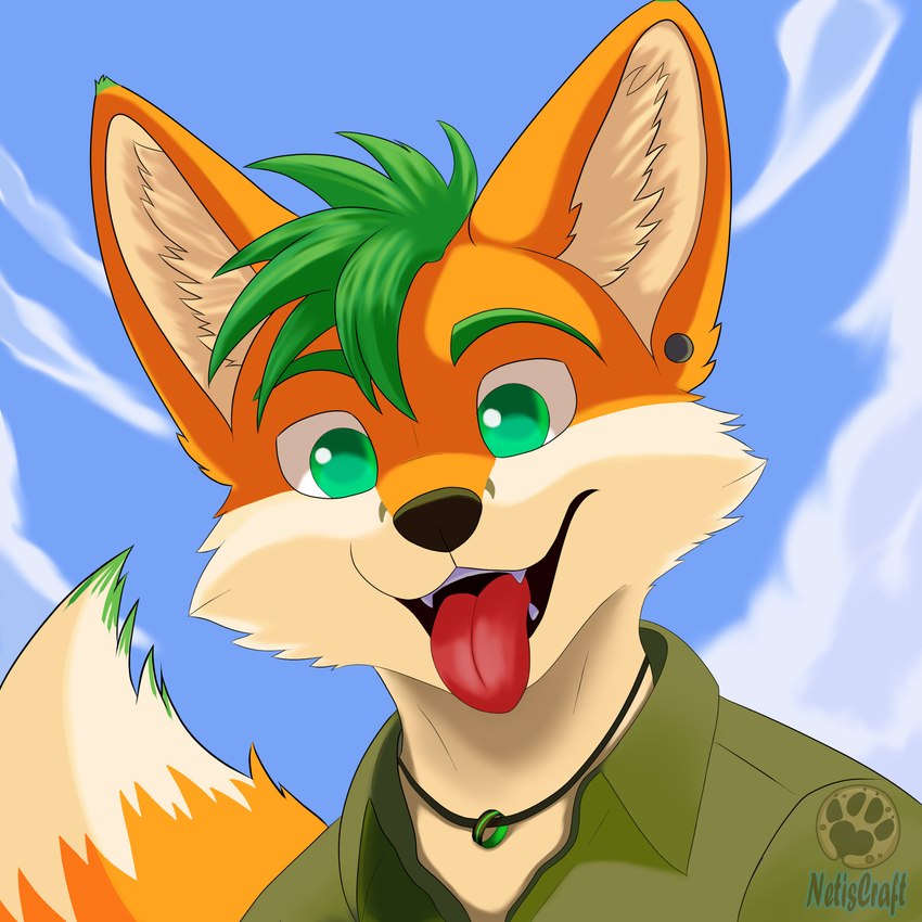 anthro close-up dipstick_tail ear_piercing ear_ring green_eyes green_hair green_tail_tip hair jewelry male markings necklace piercing ring ring_piercing solo tail tail_markings teeth tongue tongue_out netiscraft canid canine fox mammal 1:1 hi_res icon