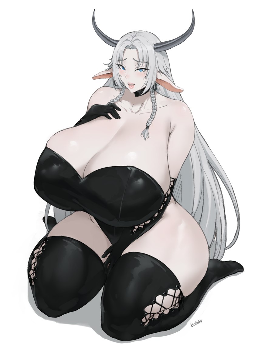 2_horns armwear big_breasts biped black_clothing black_legwear black_thigh_highs blue_eyes blush braided_hair breasts cleavage clothed clothed_female clothed_humanoid clothing female female_humanoid fingers hair horn huge_breasts kneeling legwear light_body light_skin long_hair looking_at_viewer markings mole_(marking) mole_under_eye open_mouth simple_background solo thick_thighs thigh_highs white_background batako animal_humanoid bovid bovid_humanoid bovine bovine_humanoid humanoid mammal mammal_humanoid 2025 digital_media_(artwork) full-length_portrait hi_res portrait