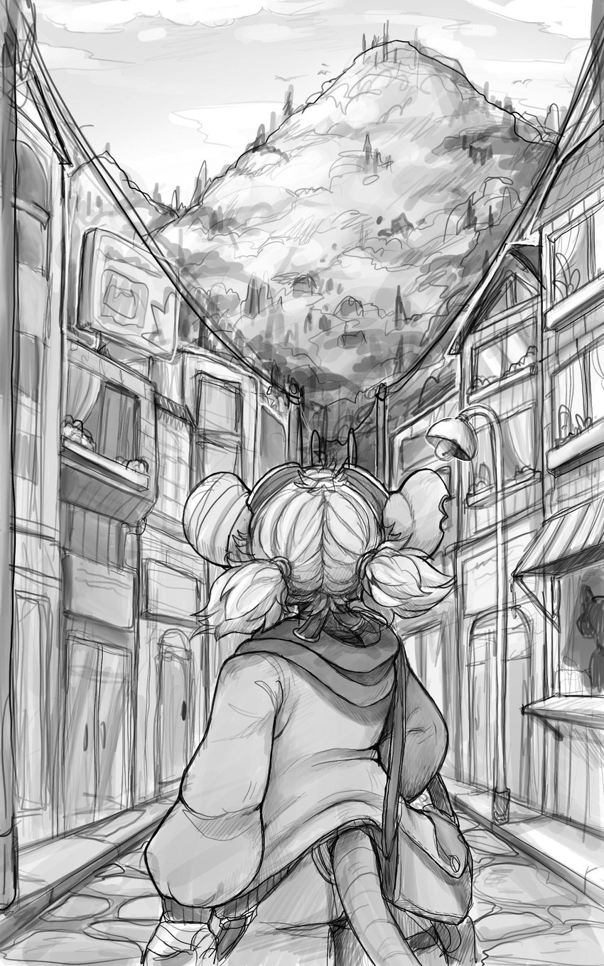 anthro clothed clothing enjinia_fumetsu eyewear eyewear_on_head female goggles goggles_on_head hair mountain perspective rear_view sky tail campury mammal murid murine rat rodent 5:8 absurd_res comic hi_res monochrome sketch