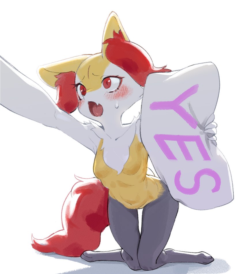 anthro blush breasts female fur holding_object holding_pillow inner_ear_fluff kneeling looking_away pillow reaching_towards_viewer red_body red_fur small_breasts solo tuft yellow_body yellow_fur yes-no_pillow yes_pillow gudlmok99 nintendo pokemon braixen canid canine generation_6_pokemon mammal pokemon_(species) hi_res meme