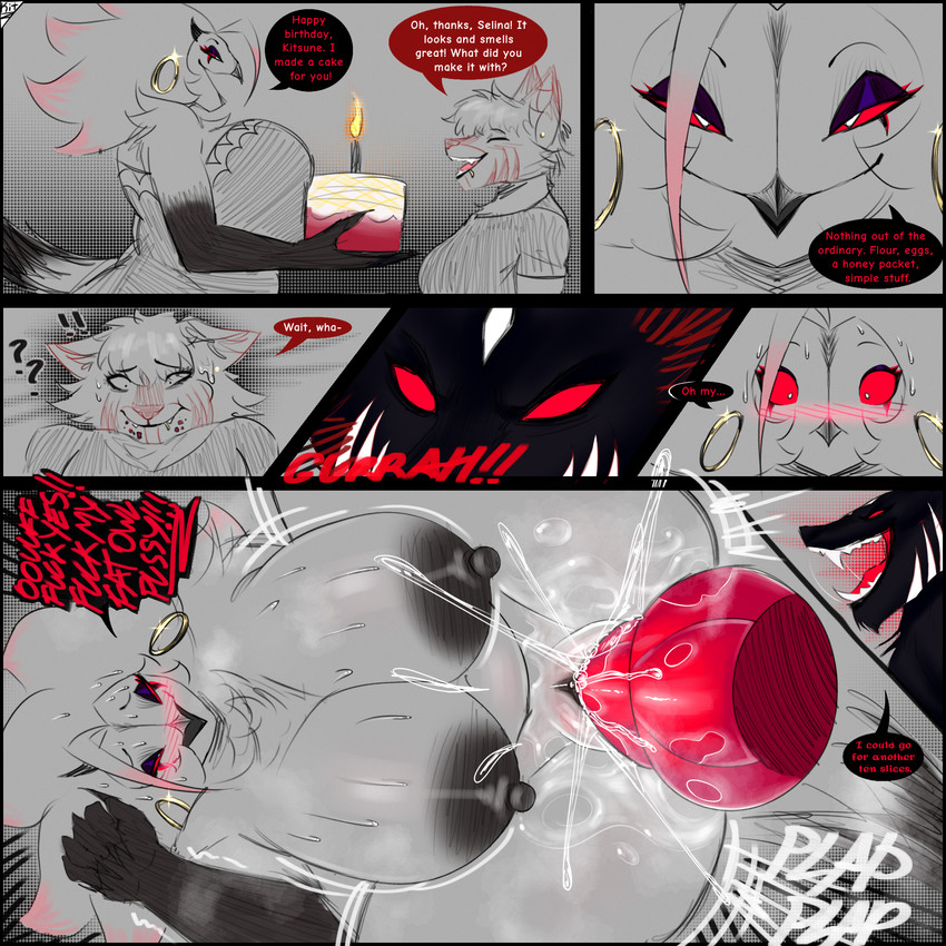 animal_genitalia animal_penis anthro aroused big_breasts birthday_cake bodily_fluids breasts cake canine_genitalia canine_penis dessert dialogue duo ear_piercing ear_ring female food genital_fluids genitals hoop_ear_ring huge_breasts intersex intersex/female knot knotted_penis mature_anthro mature_female monster_girl_(genre) musk musk_cloud musky_breasts musky_penis musky_vulva nipples nude open_mouth overweight overweight_female penetration penile penile_penetration penis penis_in_vagina piercing plap ring_piercing sex smile speech_bubble sticky surprised sweat tail text transformation vaginal vaginal_fluids vaginal_penetration xikitsune kitsune_(xikitsune) selina_(xikitsune) avian bird canid canine mammal owl owl_demon werecanid werecanine werecreature werefox 1:1 artist_name comic digital_drawing_(artwork) digital_media_(artwork) english_text hi_res